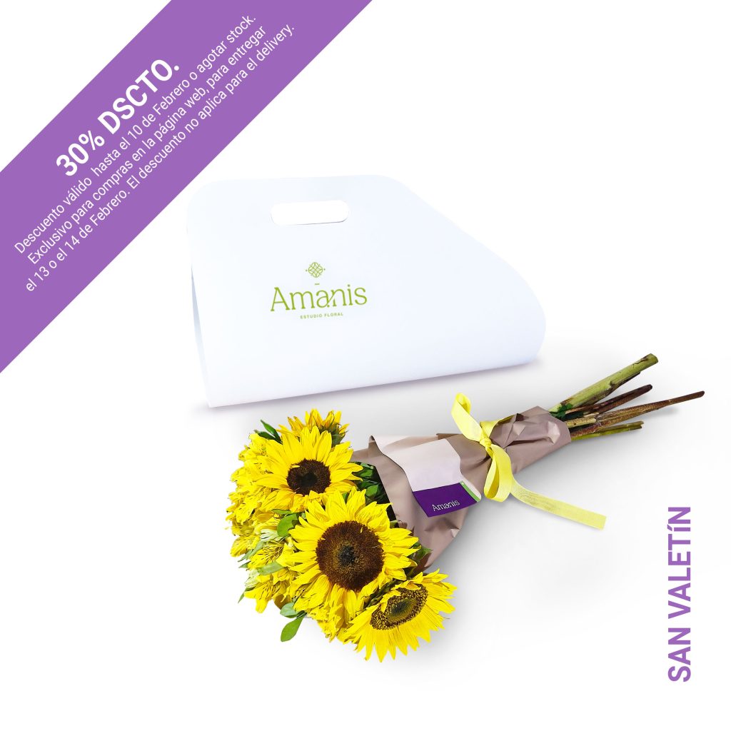 Un vibrante ramo con 6 girasoles, astromelias amarillas y follaje variado. Presentado en envoltura con asas. Incluye tarjeta de cuidados, alimento floral y dedicatoria personalizada.