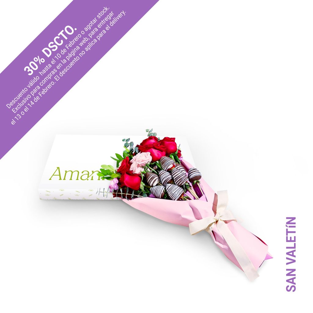 Un impactante diseño con 10 rosas rojas, claveles y minirosas en tonos rosa que acompañan, follaje variado y 8 fresas bañadas en chocolate. Presentado en caja rectangular de 50x24 cm y 8 cm de alto. Incluye tarjeta de cuidados, alimento floral y dedicatoria personalizada.